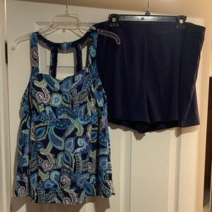 Lands End bathing suit Blue Paisley Tank Top and Navy Short Set
